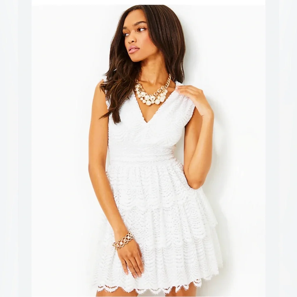 LILLY PULITZER FAYE V-NECK LACE RUFFLE DRESS RESORT WHITE SCALLOPED SHELL LACE L - Picture 1 of 15
